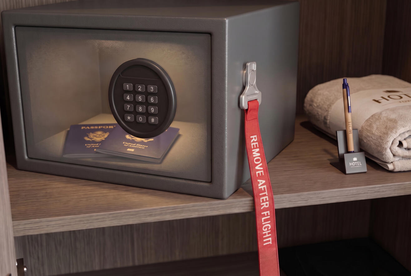 A close-up photograph of a grey hotel safe on a dark wood shelf in a closet. Inside the safe, two blue US passports are visible. On the safe's metal handle, a red fabric 'REMOVE AFTER FLIGHT' tag is attached with a magnet. Stacked hotel towels, a pen, and